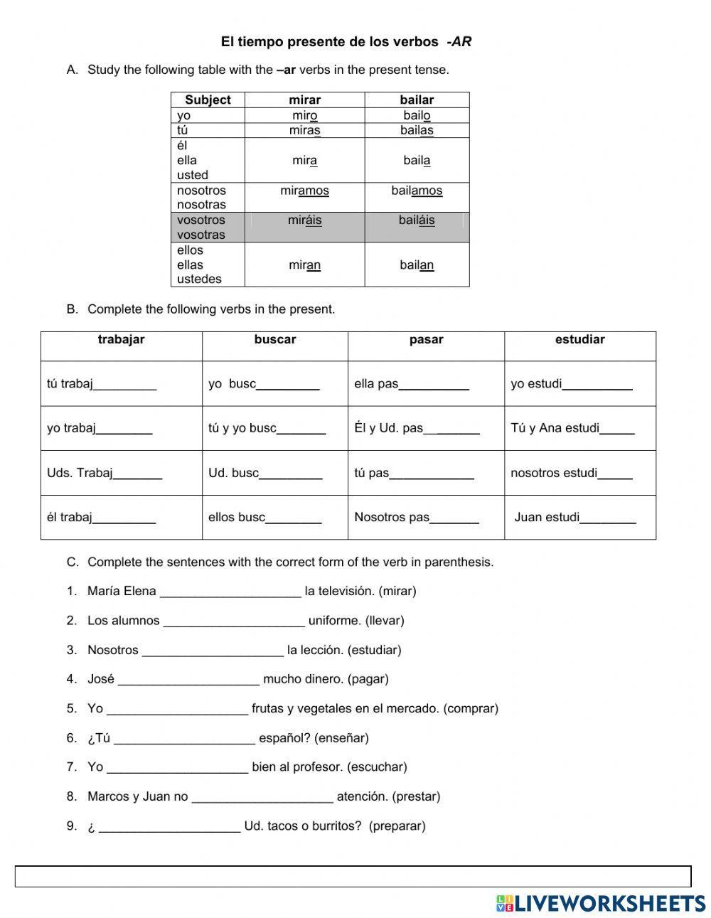 el-tiempo-presente-de-los-verbos-ar-worksheet-live-worksheets-verbos-regulares-lesson-plans
